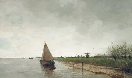 Et elvelandskap med fartøyer, en by utenfor (olje på lerret)