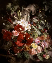 Stilleben av liljer, valmuer og roser. Maleri av Theude Grønland (1817–1876). Privat samling.