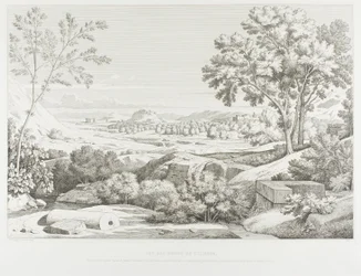 Utsikt fra bredden av Illisós: Argolidfjellene, tempelet til den olympiske Jupiter, Akropolis, kong Corydalus#39; palass, landsbyen Ambelo#39;kypos, Anchesmos-fjellet, olivenskogen og elven Illisós