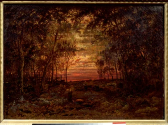 Solnedgang i skogen. Barbizonskolen, 19. århundre. Mål: 0,46 x 0,62 m.