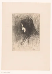 Byste av en gammel kvinne med hodeskjerf, sett fra siden