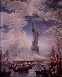 Avduking av Frihetsgudinnen i New York Harbor, 28. oktober 1886 (farge litho)