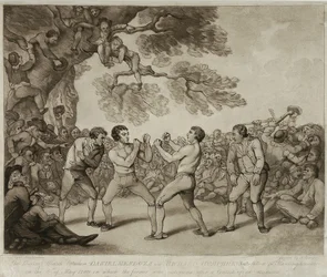Boksekampen mellom Daniel Mendoza og Richard Humphreys i Stilton, Huntingdonshire, 6. mai 1789, gravert av Joseph Grozer (ca. 1755-99) (gravering)