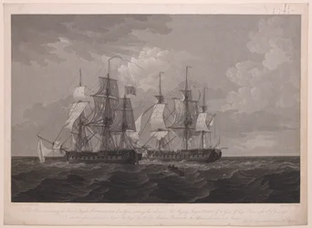 Denne tallerkenen som forestiller den franske fregatten La Proserpine med 40 kanoner som treffer flagget til Hans Majestets fregatt Dryade med 36 kanoner utenfor Cape Clear, den 13. juni 1796 ... dedikert til kaptein ... Lord Amelius Beauclerk ...
