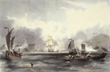 HM sender Imogene og Andromache som passerer Batteriene til Bocca-Tigris, ca. 1850