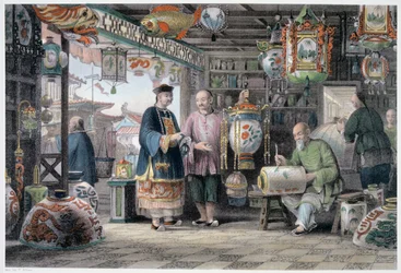 'Showroom of a Lantern Merchant in Peking', Kina, 1843