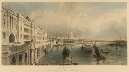 Utsikt over London, England, fra Somerset House Marine Building, med Saint Paul#39;s Cathedral og London Bridge. Litografi