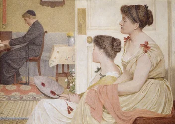 Drawing Room Scene med en ung prest ved pianoet, sent på 1800-tallet