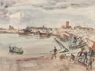 Dokker tidligere varehus (sic) i havnen i Calais Bassin Ouest, 1944 (blyant, penn, blekk, pensel og wc på papir)