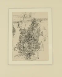 Figurer i parken; Mennene var stille, trærne snakket. Illustrasjon for The Witnesses, før 1938 (penn og blekk på papir)