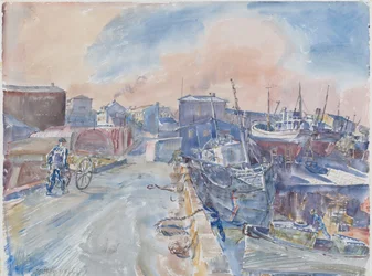 Reykjavik Fra Main Quay, Frosty Morning, Island, ca. 1930 (akvarell og blyant på papir)