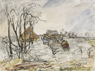 Walcherenøya (Nederland) oversvømmet. Maleri av Thomas Hennel (1903–1945), akvarell 1944.