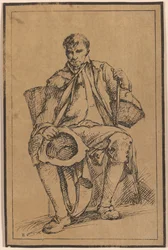 Førti litografiske inntrykk fra tegninger av landskap av Thomas Barker, valgt fra hans studier av rustikke figurer etter naturen: [Sittende mann med kurver som holder hatt og spaserstokk