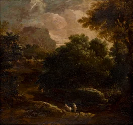 Skoglandskap med figurer, ca. 1789-1847 (olje på panel)