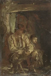 Skogsarbeideren og sønnen hans (olje på lerret)