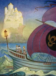 The Knight Perceval nærmer seg Camelot til sjøs