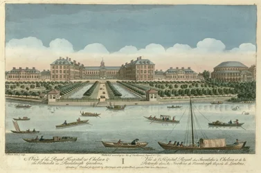 En utsikt over Royal Hospital i Chelsea og Rotunda i Ranelagh Gardens, pub. av Robert Sayer, 1751