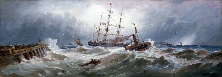 En fransk slepebåt som trekker en båt i havnen i Boulogne (Frankrike), på vanskelig sjø. Olje på lerret.