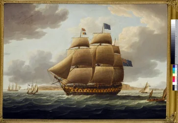 «Ville de Paris», for fulle seil, et førsteklasses skip med 110 kanoner fra den britiske marinen, bygget i 1795, ved verftene i Chatham (England)