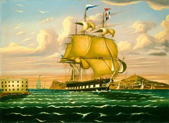 Pakkeskip passerer Castle Williams, New York havn, midten av 1800-tallet (olje på lerret)