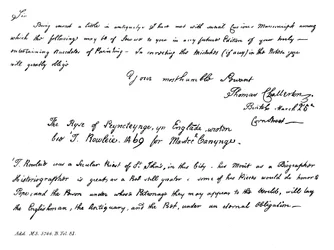 Del av et brev fra Thomas Chatterton til Horace Walpole, sent på 1700-tallet, 1840
