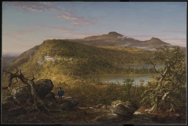 Utsikt over de to innsjøene og fjellhuset, Catskill-fjellene, morgen