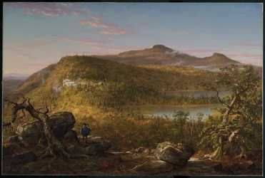 Utsikt over de to innsjøene og fjellhuset, Catskill-fjellene, morgen