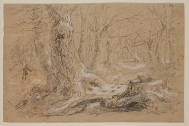 Trær om vinteren med mann som står på Frozen Creek (blyant og gouache på papir)