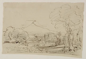 Vulkan, innsjø, figurjakt, 1846-47 (penn og blekk med blyant på papir)