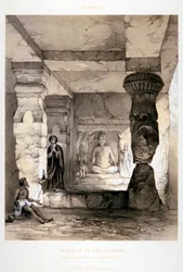 'Kannari, interiør av en liten Vihara', India, 1845