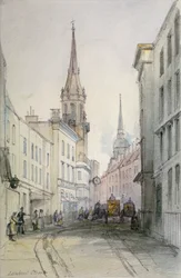 Utsikt langs Lombard Street, østover, med figurer og vogner, City of London, 1851