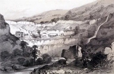 Utsikt over grotter, Ajunta, India, 1844