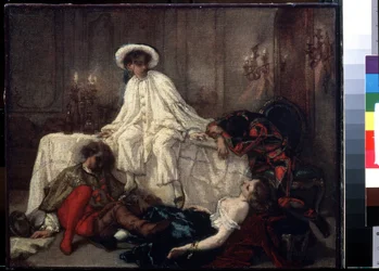 ""Etter maskeraden"" (Etter maskeraden) Slutten av festen falt fire forkledde karakterer sammen eller strakte seg ut på slutten av en livlig kveld. Maleri av Thomas Couture (1815-1879) rundt 1850 Pushkin-museet, Moskva