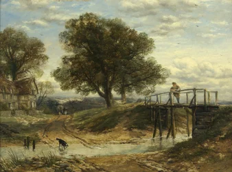 Landskap med bekk, bro og hytte (olje på panel)