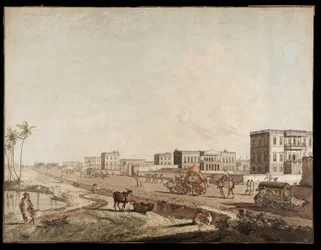 De nye bygningene ved Chouringhee fra utsikt over Calcutta, 1787