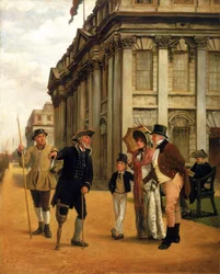 Beboernes historie, foran King Charles-domstolens bygning på Greenwich Hospital, snakker en beboer med treben, iført den tilsynsmessige uniformen, til et besøkende par og sønnen deres, rundt dem to andre beboere