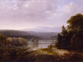 River View med jegere og hunder, ca. 1850.