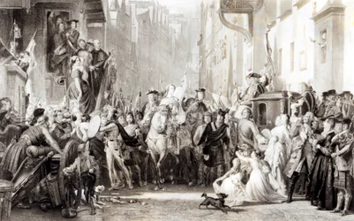 Prins Charles Edward (1720-88) og høylanderne på vei inn i Edinburgh etter slaget ved Preston, 21. september 1745 (se 105438)
