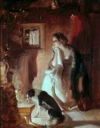 Det sorgfulle hjertet, en ung kvinne ved ilden, et trist ansikt på grunn av en sorg. Maleri av Thomas Duncan (1807-1845), Victoria and Albert Museum, London
