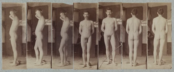 Fotografier av en stående mannlig nakenmodell Joseph Smith, ca. 1883.