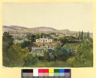 Utsikt fra Döbling over Kahlengebirge og baron Johann von Langs villa (Nußwaldgasse 19 eller 22)