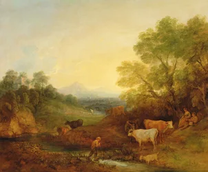 Et landskap med storfe og figurer ved en bekk og en fjern bro, ca. 1772-4 (olje på lerret)