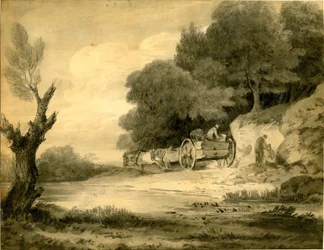 Figurer med vogn ved veikanten, tegning av Thomas Gainsborough