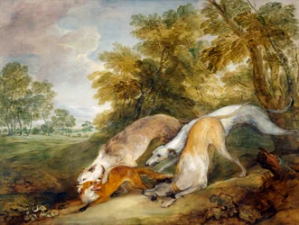 Greyhounds som raser med en rev (olje på lerret)