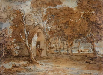 Skoglandskap, hytte, figurer og båt på innsjøen, 1783-1785.