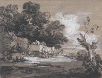 Skoglandskap med landvogn og figurer