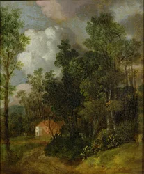 Skoglandskap med landsted og to figurer, ca. 1752 (olje på lerret lagt på lerret)
