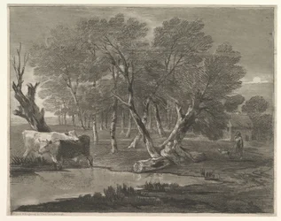 Skoglandskap med kyr ved siden av et basseng, figurer og hytte, 1775-80.
