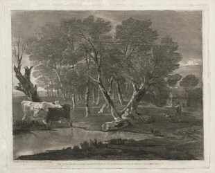 Skoglandskap med kuer ved siden av et basseng, figurer og hytte , utgitt i 1797.