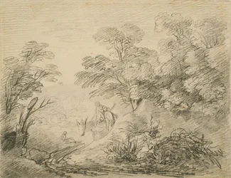 Skoglandskap med esel og figurer, ca. 1759 (grafitt på papir)